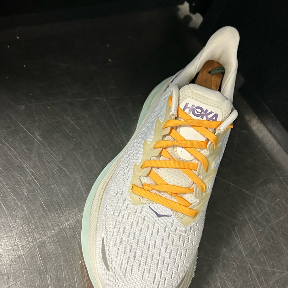 Hoka Women's White Sneakers with Yellow Laces and Purple Logo - Picture 6 of 11